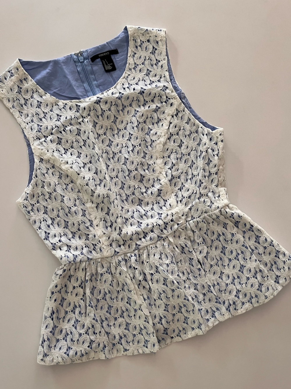 NWOT Peplum Sleeveless Top Light Blue with White Eyelet Lace Overlay- Size XS